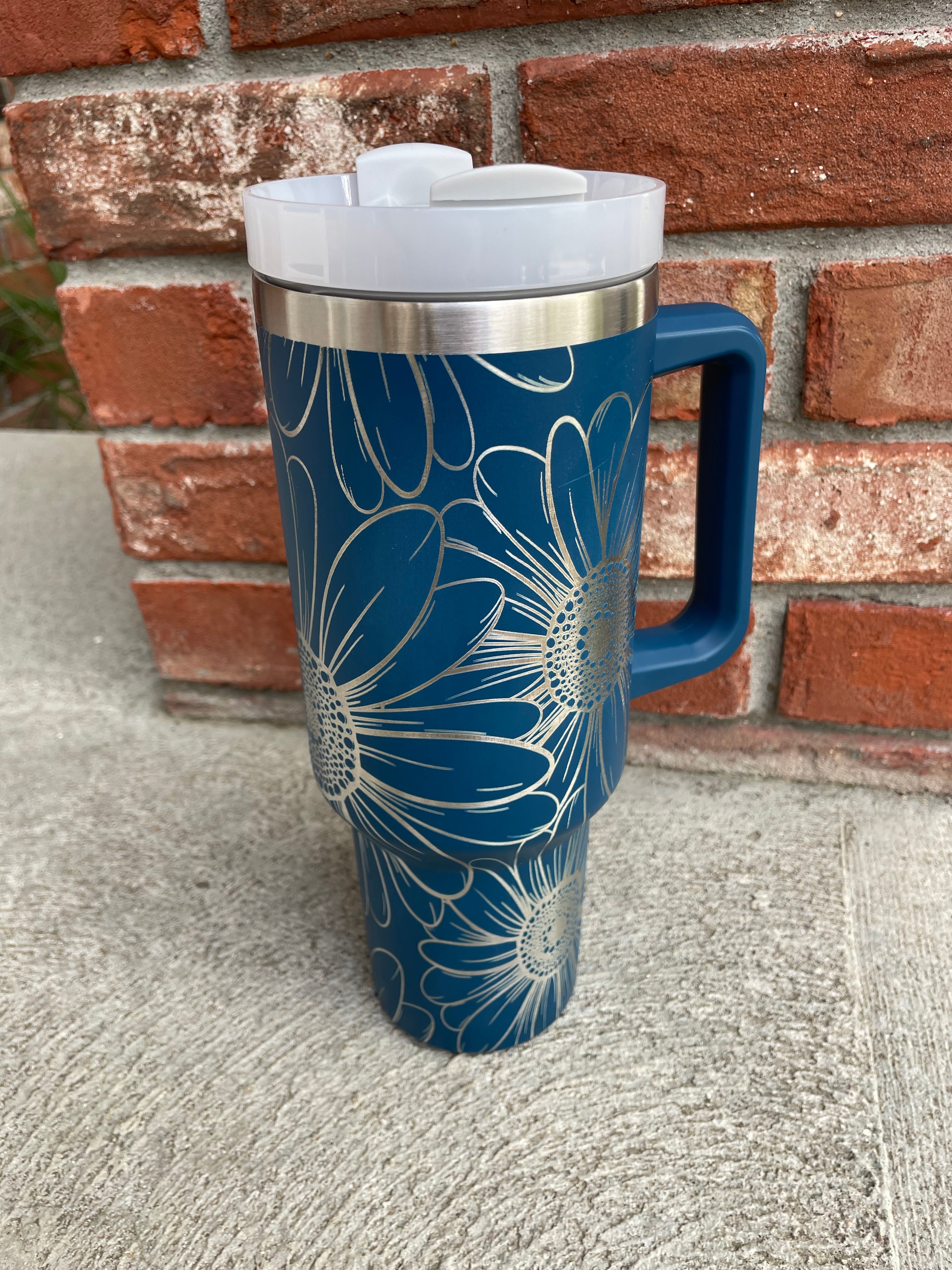 40oz Stanley Dupe Tumblers Full Daisy Wrap Engrave with handle and straw