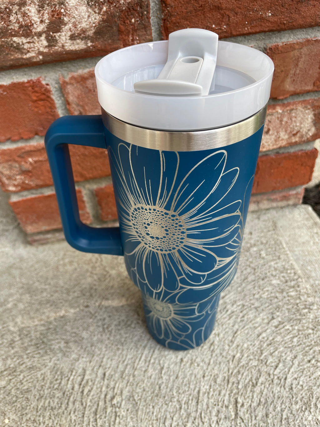 40oz Stanley Dupe Tumblers Full Daisy Wrap Engrave with handle and straw