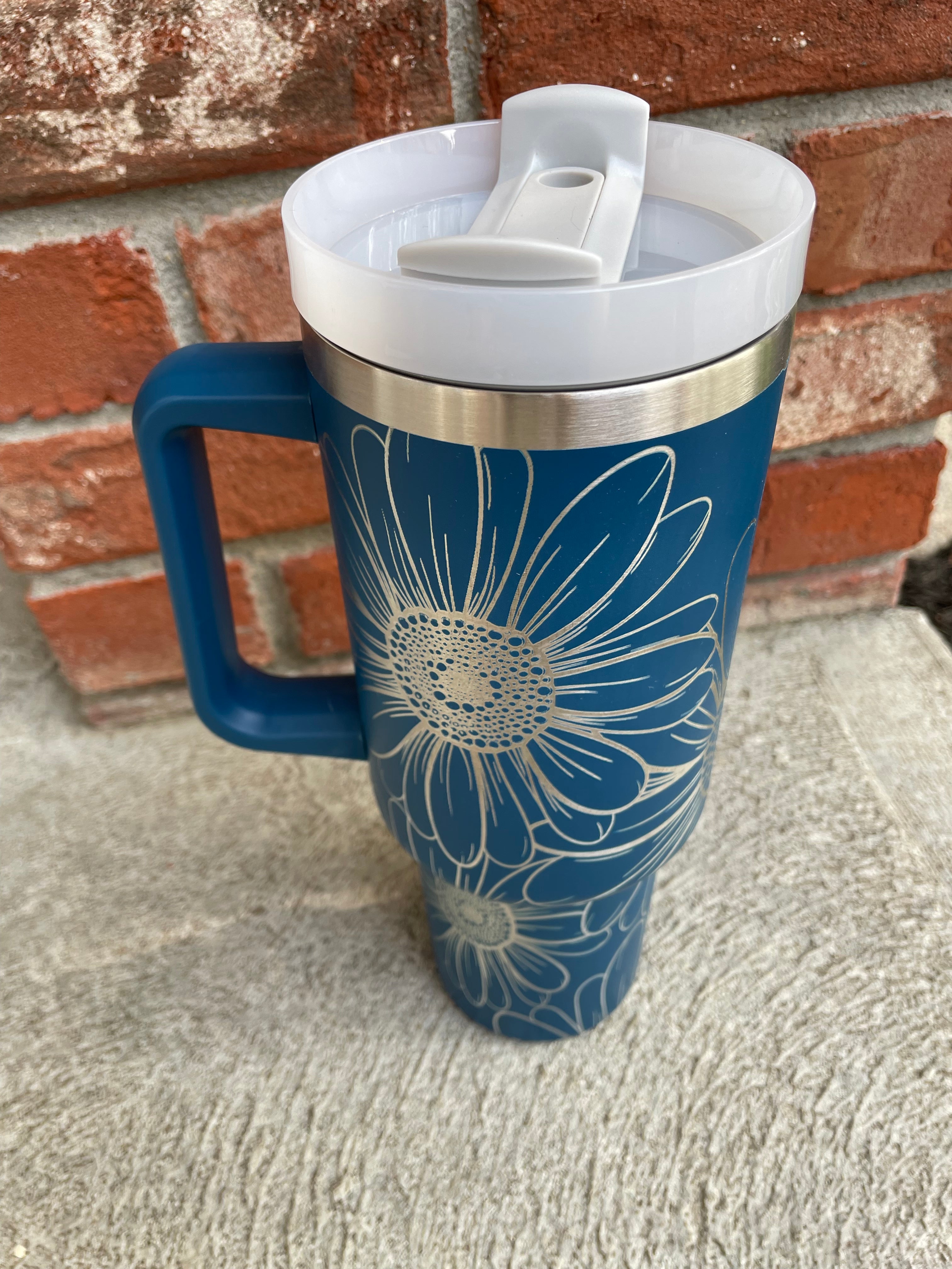40oz Stanley Dupe Tumblers Full Daisy Wrap Engrave with handle and straw