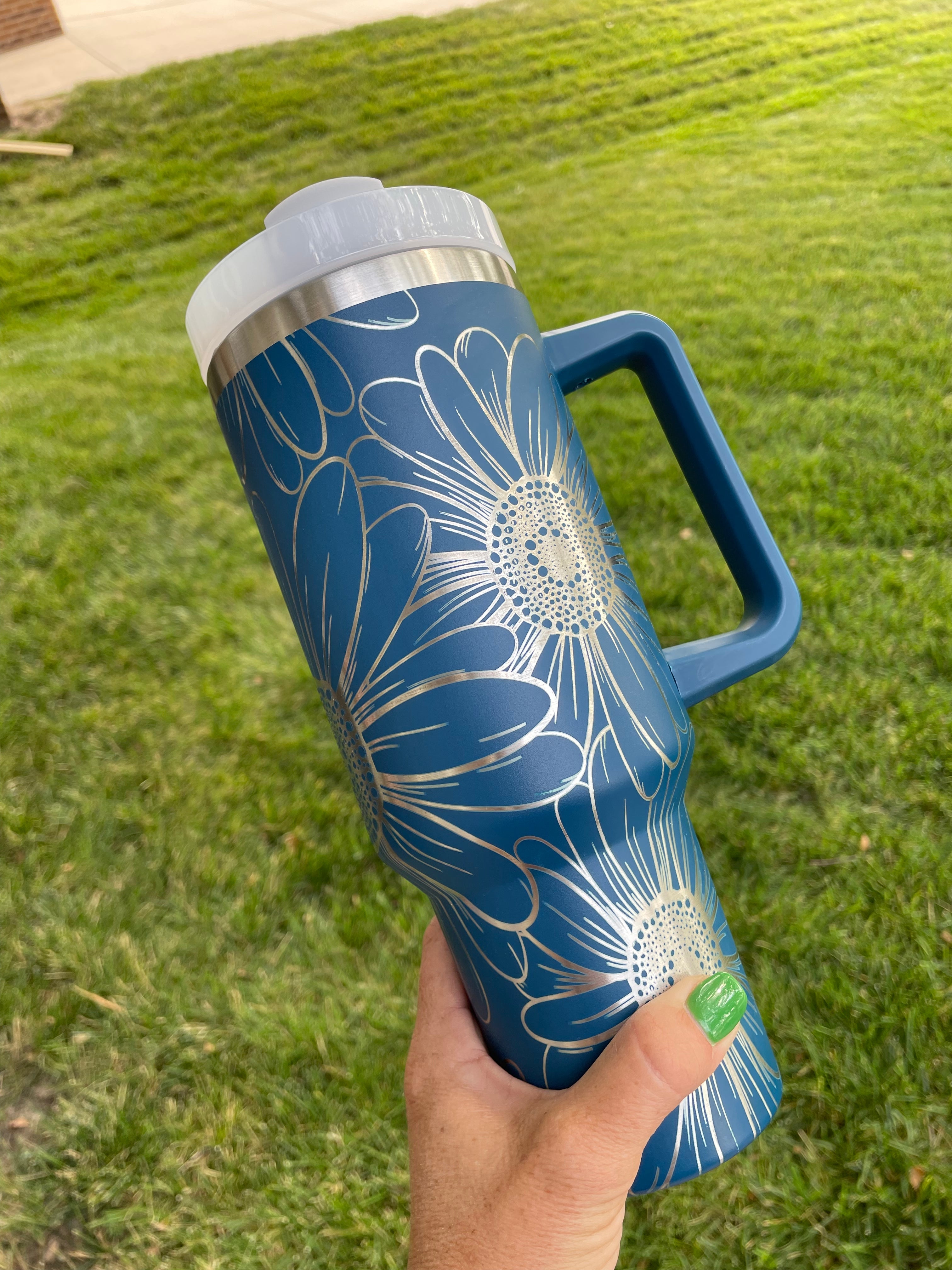 40oz Stanley Dupe Tumblers Full Daisy Wrap Engrave with handle and straw