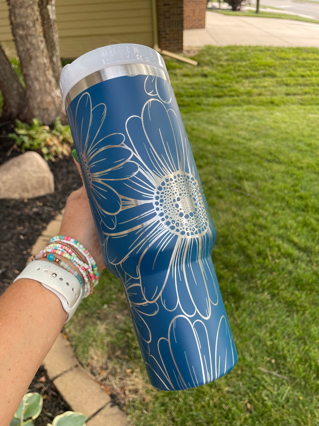 40oz Stanley Dupe Tumblers Full Daisy Wrap Engrave with handle and straw