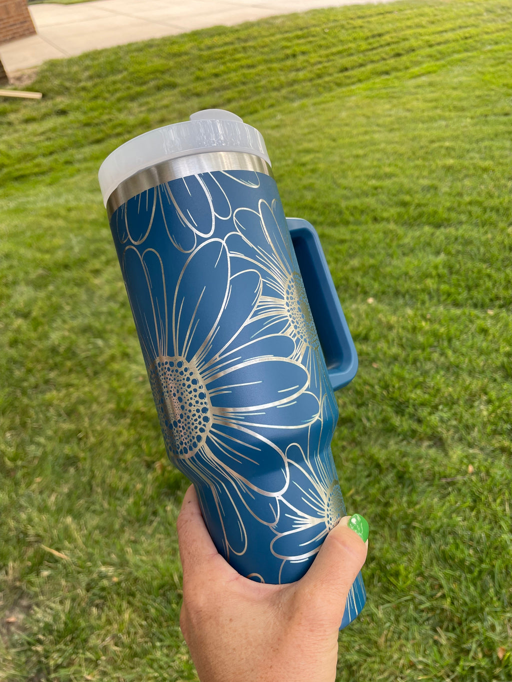 40oz Stanley Dupe Tumblers Full Daisy Wrap Engrave with handle and straw