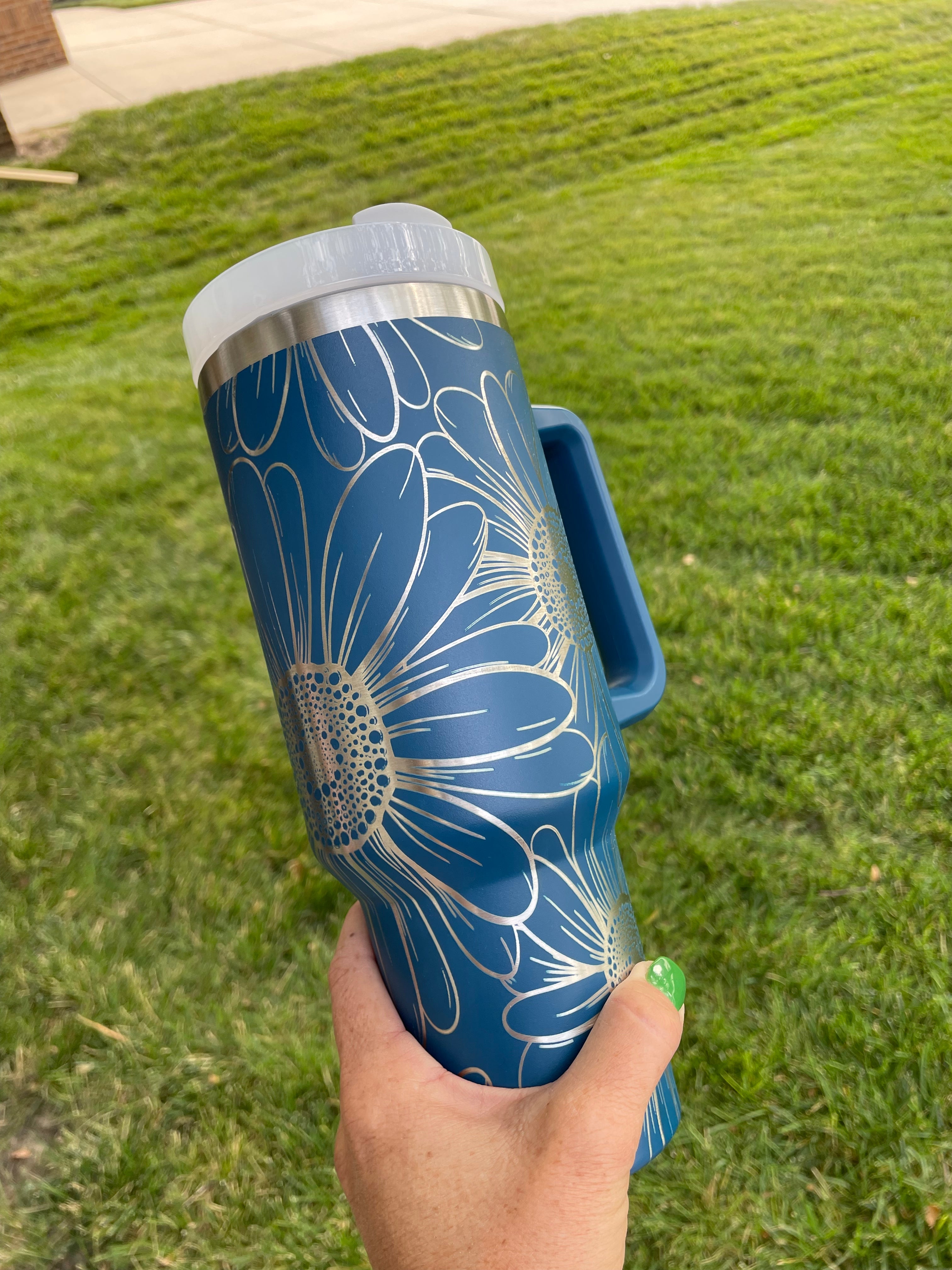 40oz Stanley Dupe Tumblers Full Daisy Wrap Engrave with handle and straw
