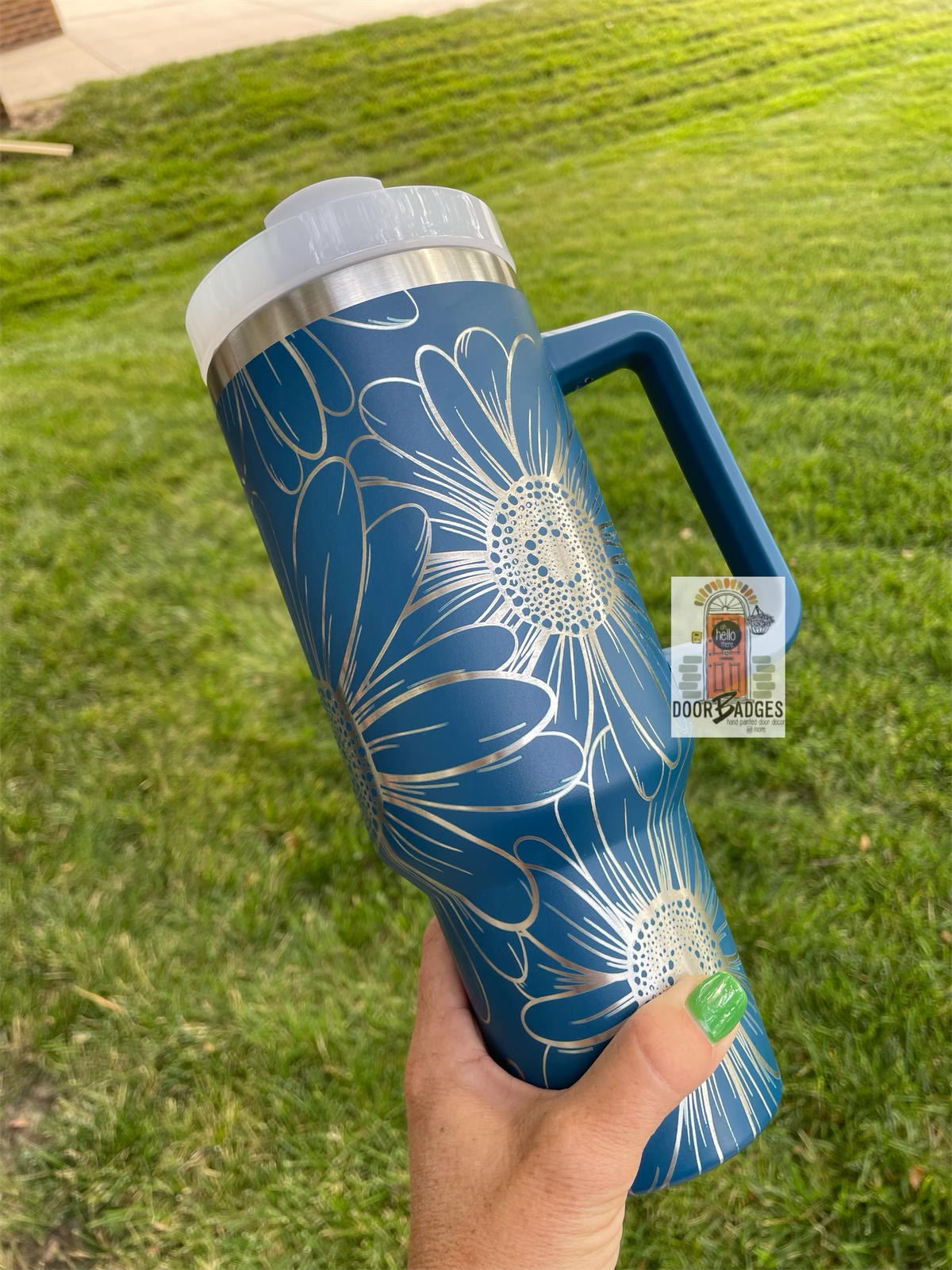 40oz Stanley Dupe Tumblers Full Daisy Wrap Engrave with handle and straw