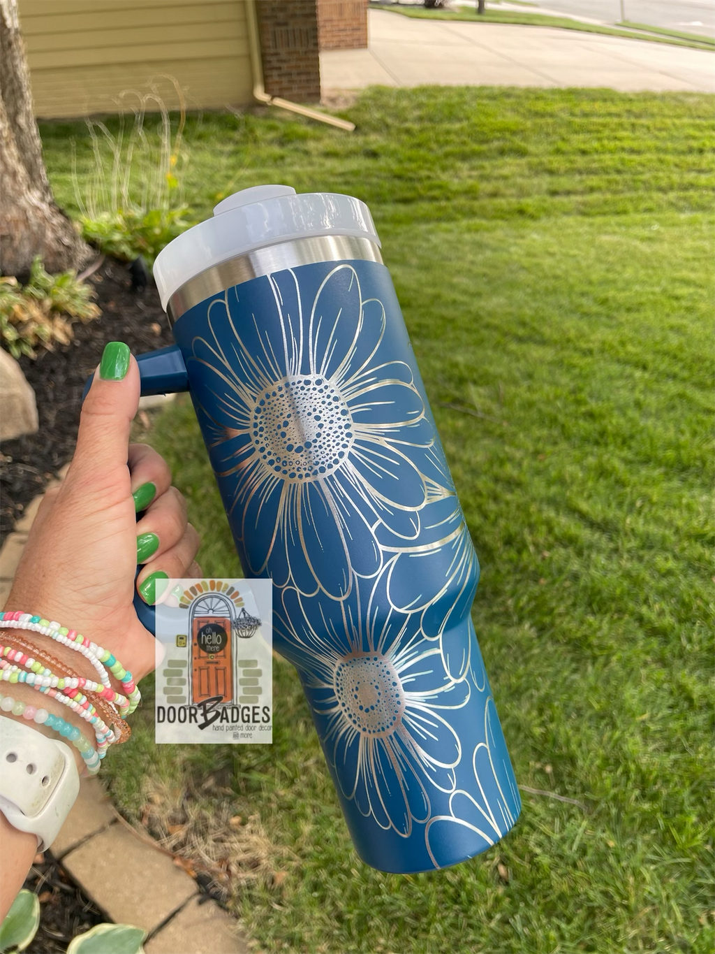 40oz Stanley Dupe Tumblers Full Daisy Wrap Engrave with handle and straw