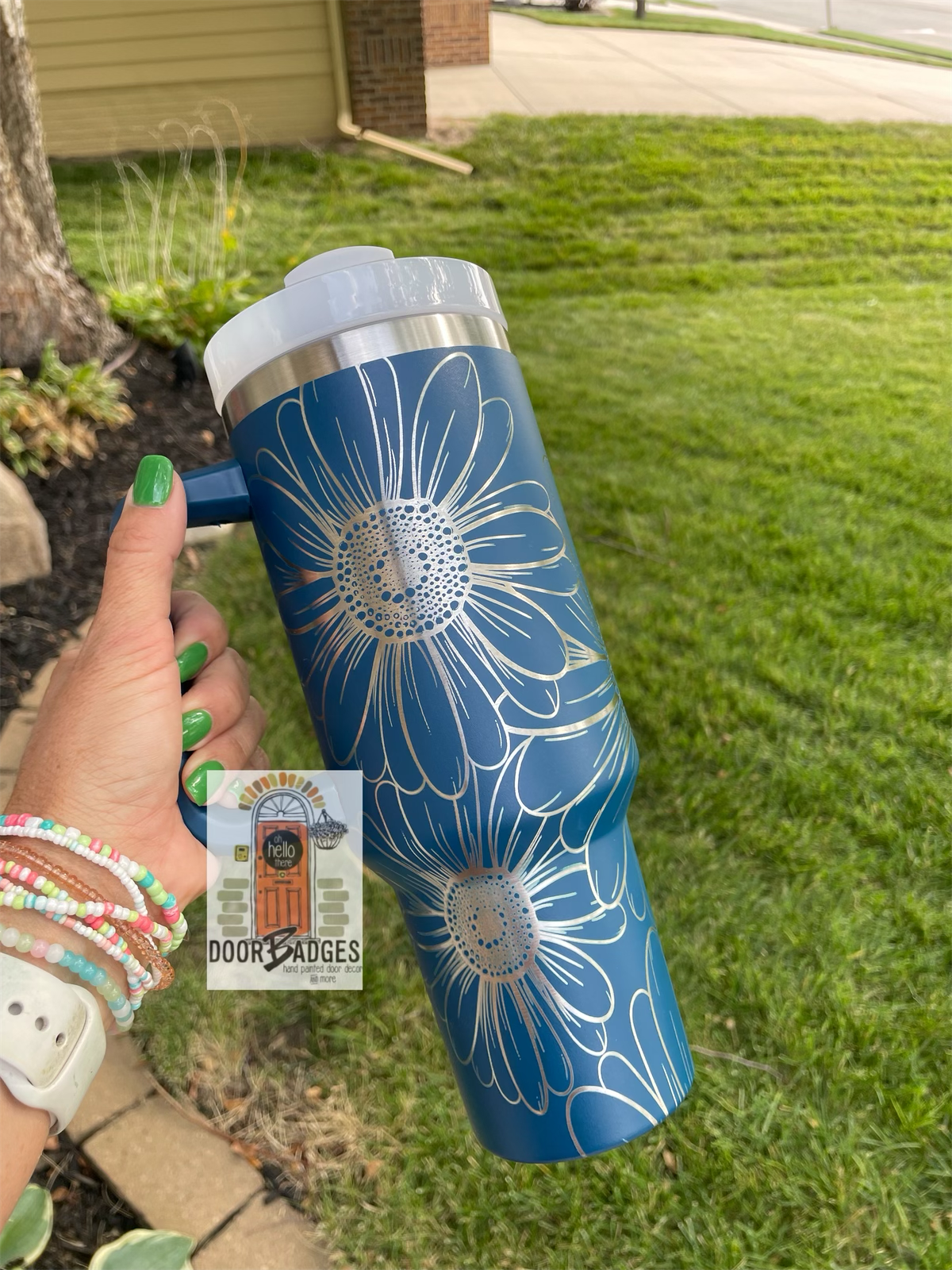 40oz Stanley Dupe Tumblers Full Daisy Wrap Engrave with handle and straw
