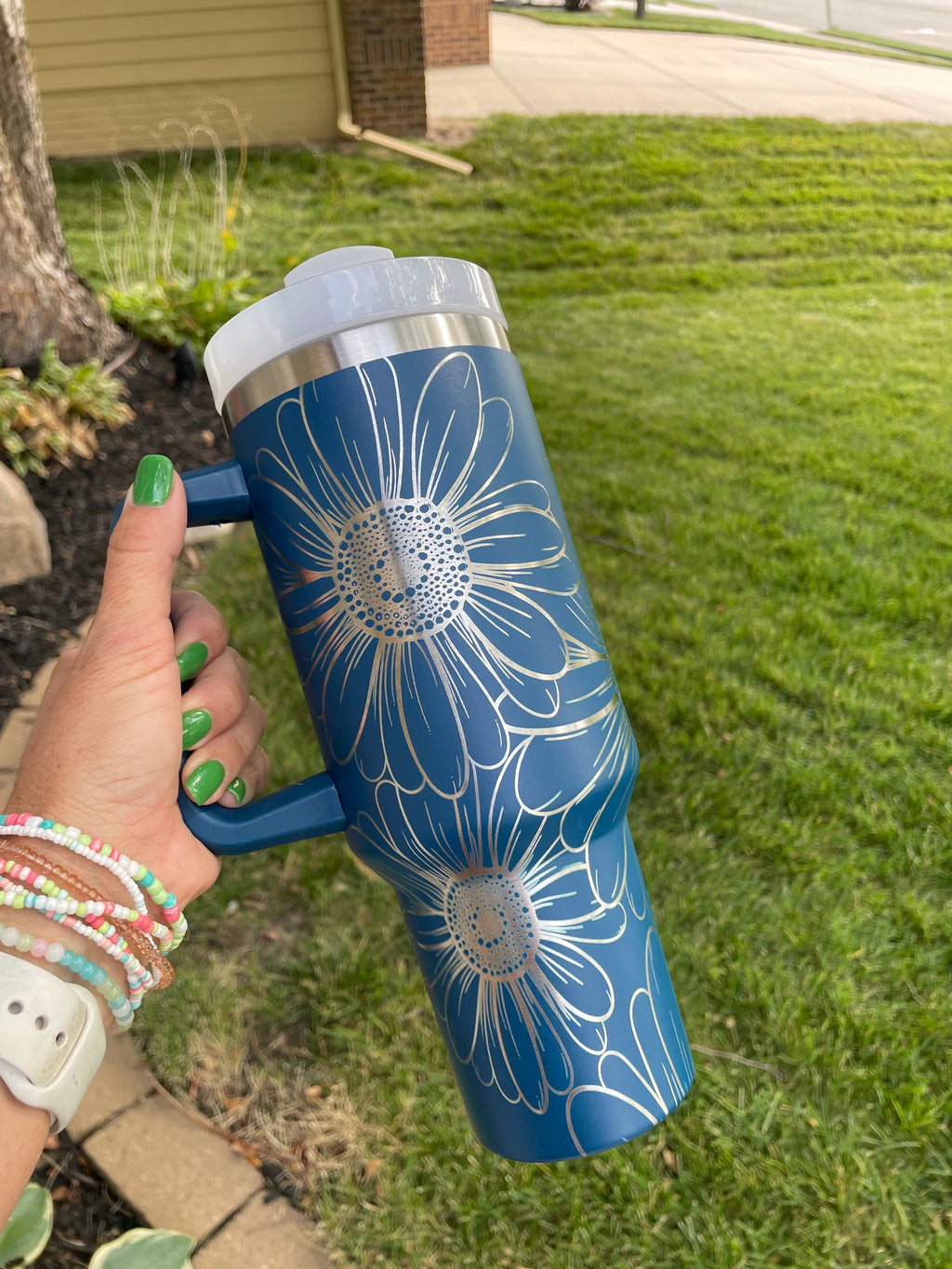 40oz Stanley Dupe Tumblers Full Daisy Wrap Engrave with handle and straw