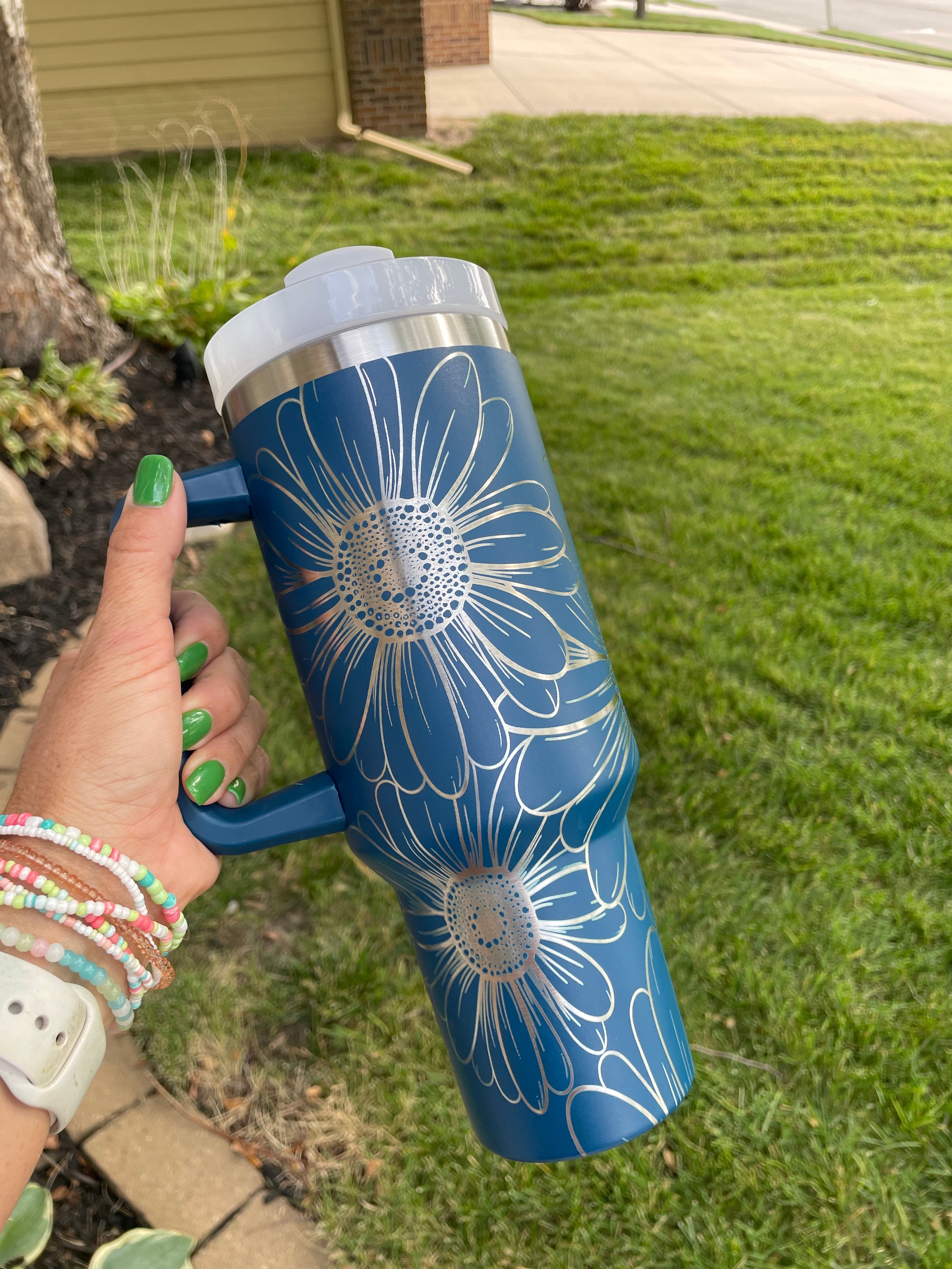 40oz Stanley Dupe Tumblers Full Daisy Wrap Engrave with handle and straw