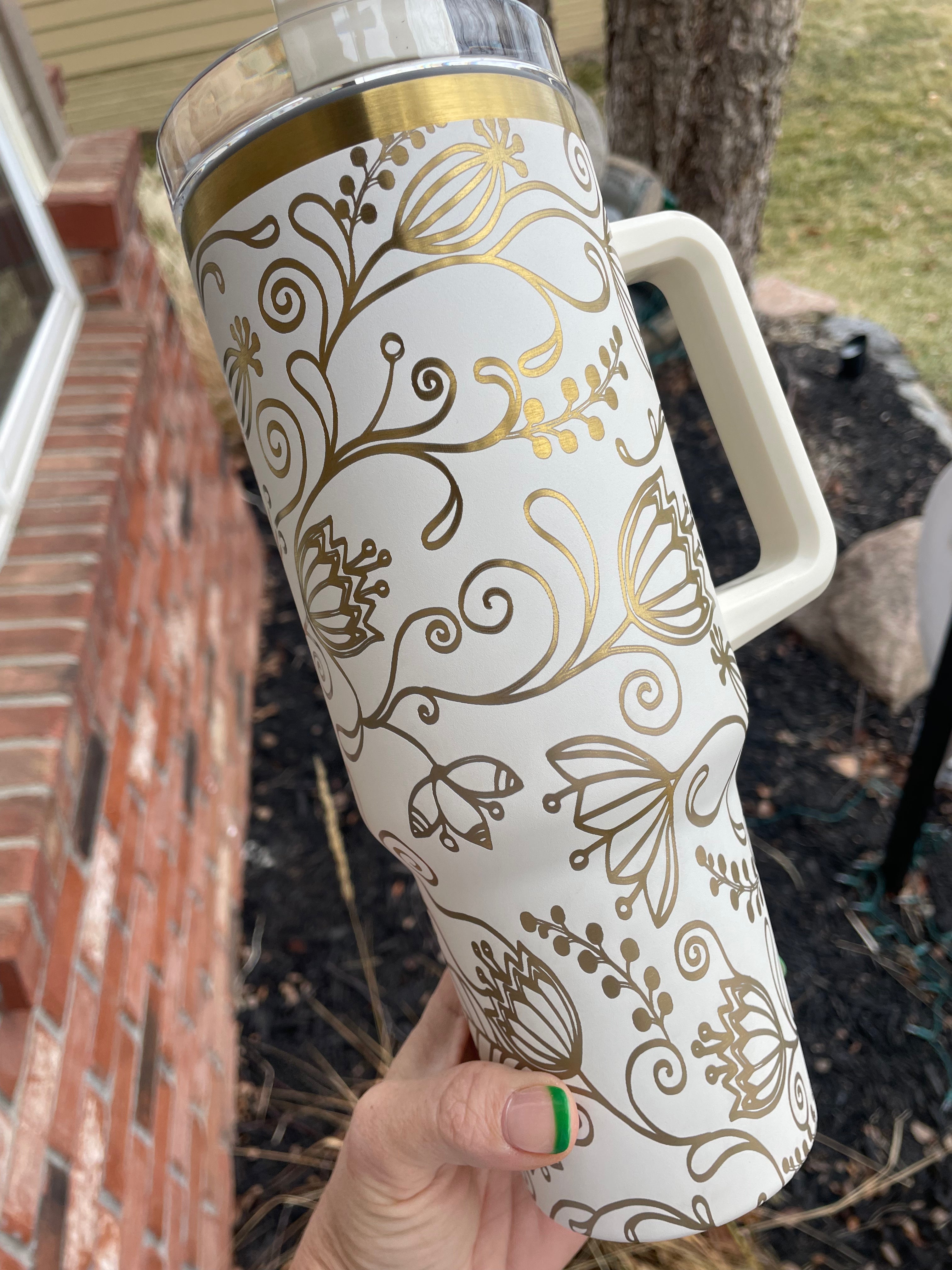 40oz Tumblers Full Doodle Flower Wrap Engrave with handle and straw