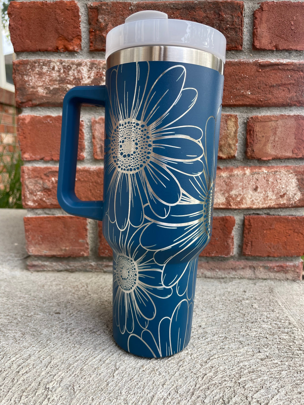 40oz Stanley Dupe Tumblers Full Daisy Wrap Engrave with handle and straw