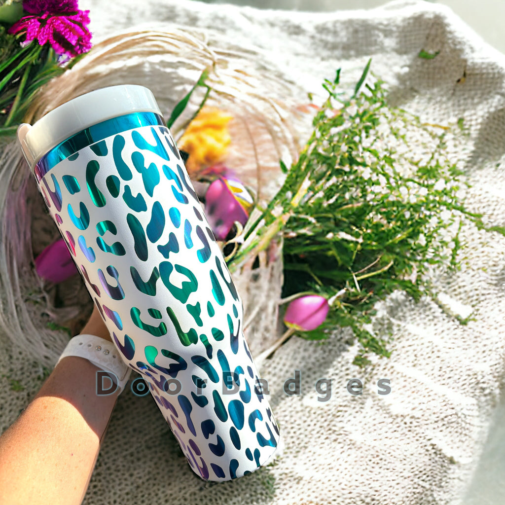 40oz Cheetah Engraved Rainbow Tumblers Full Wrap with handle and straw